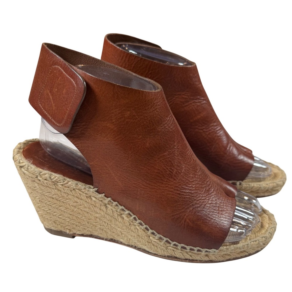Celine Slingback Brown Leather Espadrille Wedge Sandals Open Toe Ankle Strap 38g
